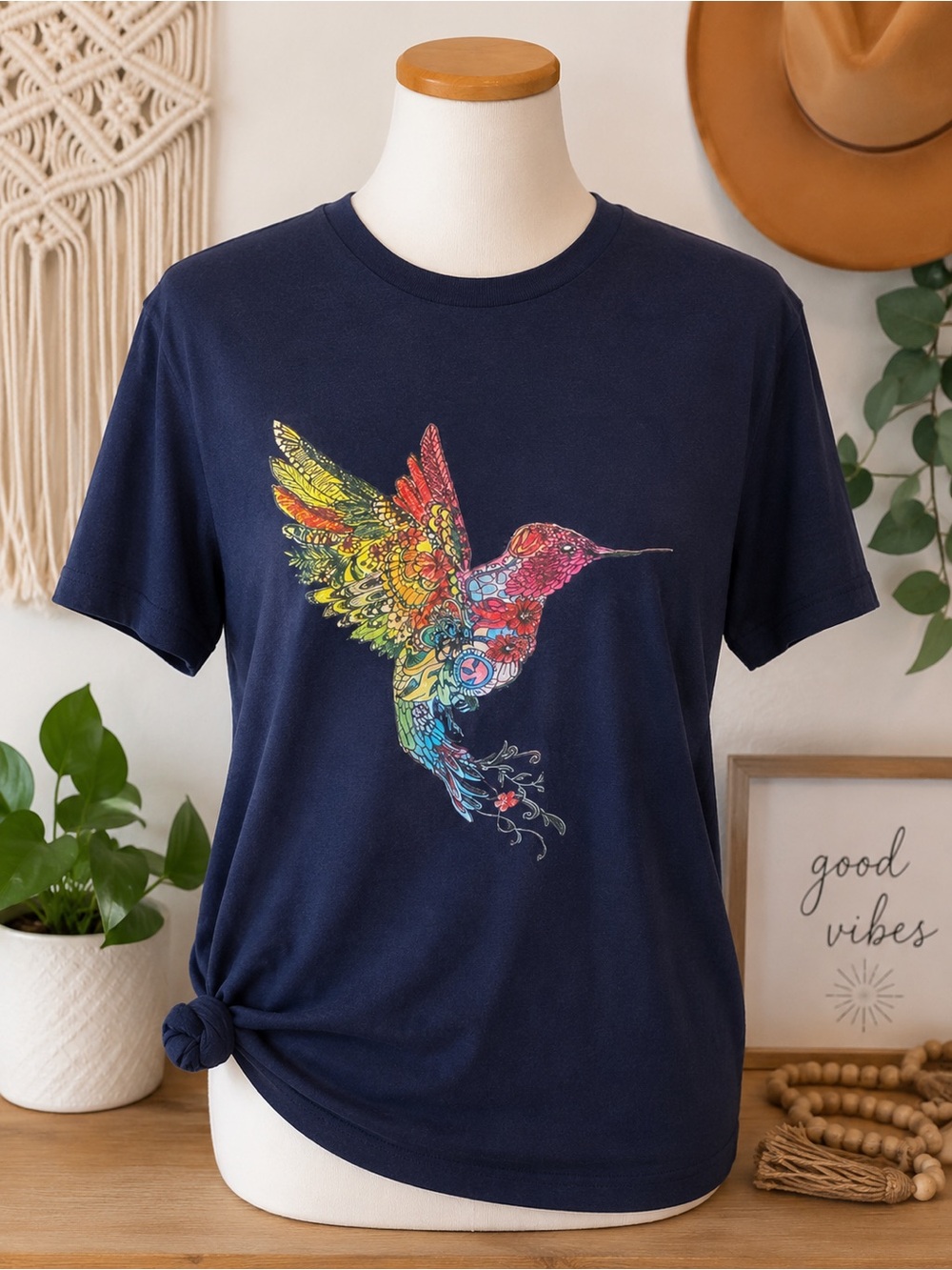 Bella + Canvas Colorful Hummingbird Graphic Tee Navy Blue Size Large
